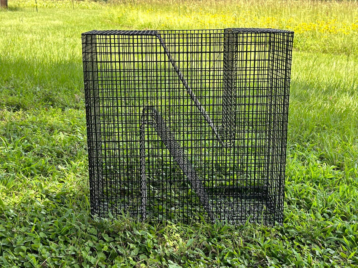 A black metal fish trap on a grass yard.,
