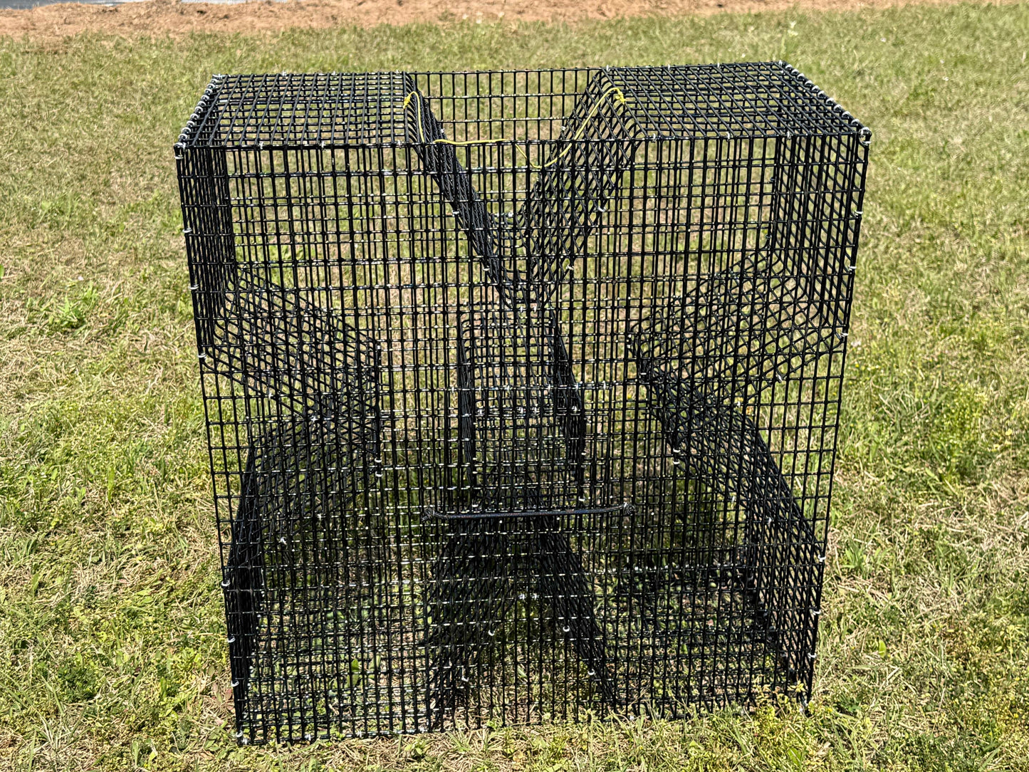 A black metal wire mesh cloverleaf style fish trap or enclosure with a slotted wire design, photographed outdoors on a grassy lawn.