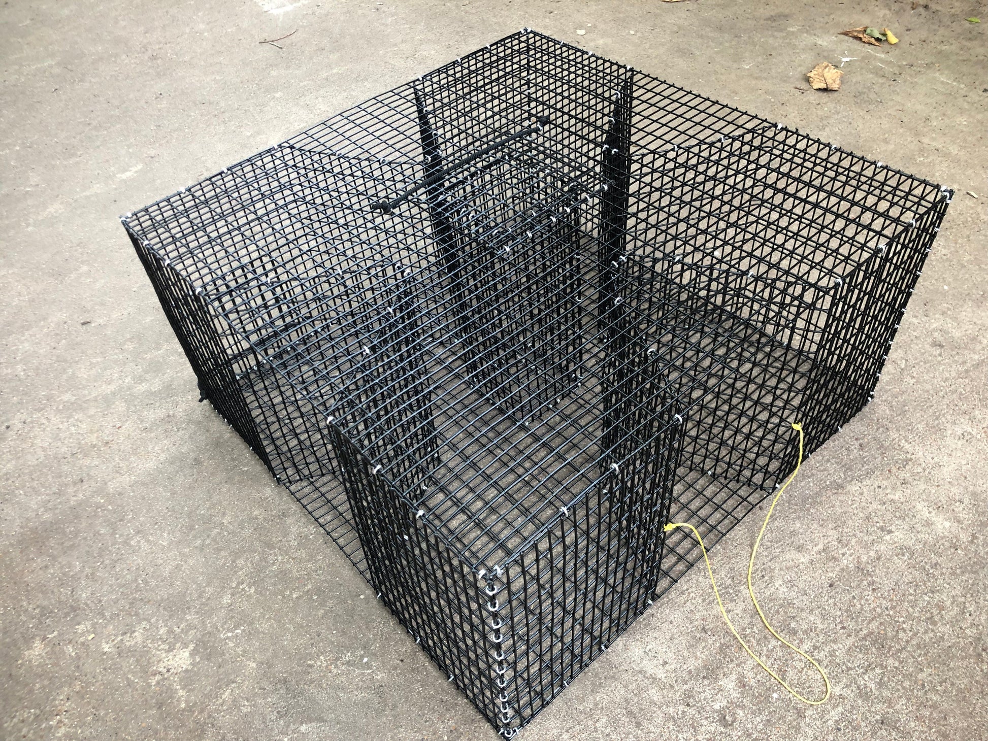 A black pvc-coated wire  fish trap that is sitting on concrete. 